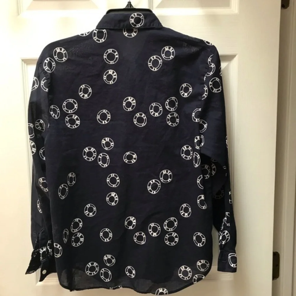 J Crew Navy with White Print Collared, Long Sleeved Top-Medium